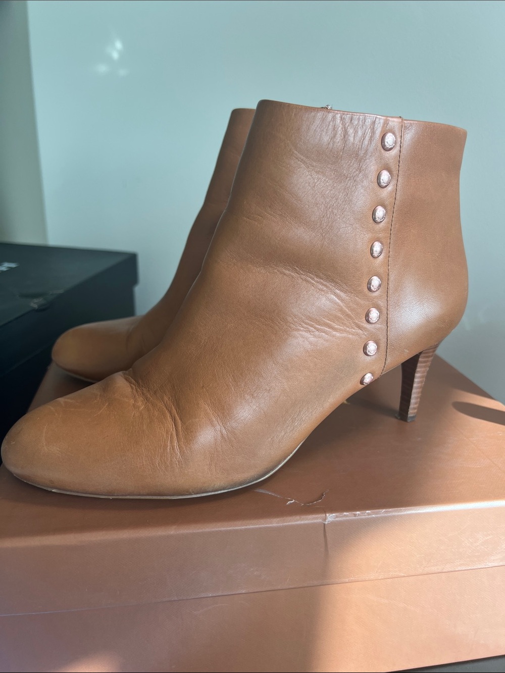 Coach Tan Leather Ankle Booties with Button Accent